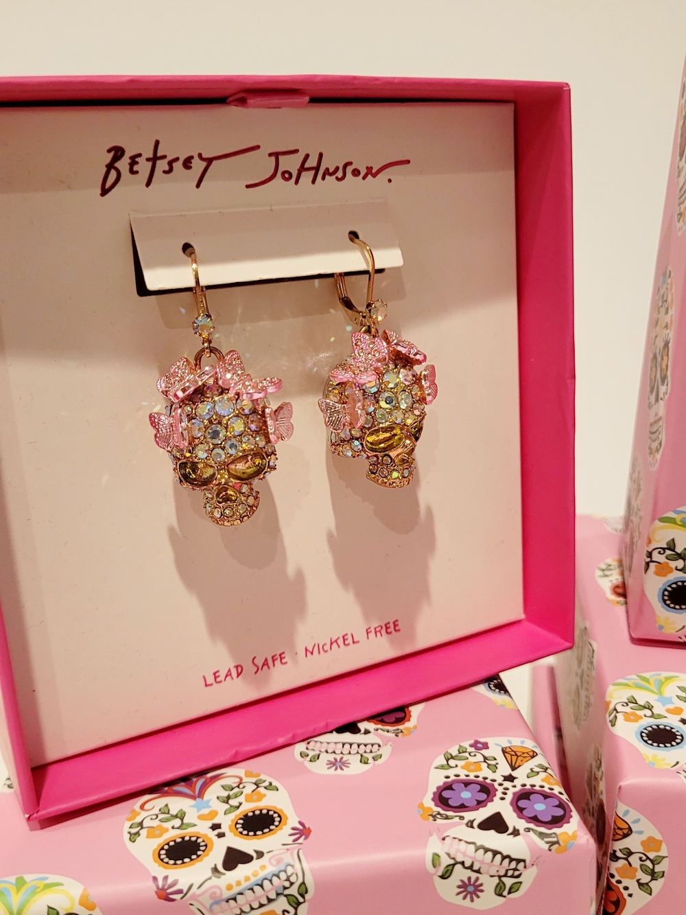 Betsey Johnson Gold & Pink Crystal Skull Flower Drop Earrings